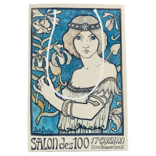 Vintage Art Nouveau Frau Blaues Blumenposter Druck Mittlere Geschenktüte