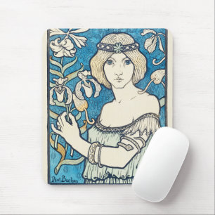 Vintage Art Nouveau Frau Blaues Blumenposter Druck Mousepad
