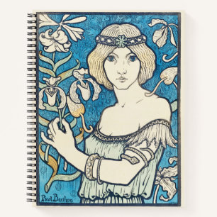 Vintage Art Nouveau Frau Blaues Blumenposter Druck Notizbuch