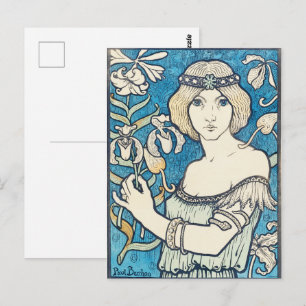 Vintage Art Nouveau Frau Blaues Blumenposter Druck Postkarte