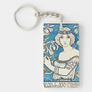 Vintage Art Nouveau Frau Blaues Blumenposter Druck Schlüsselanhänger