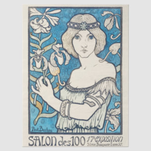 Vintage Art Nouveau Frau Blaues Blumenposter Druck Seidenpapier