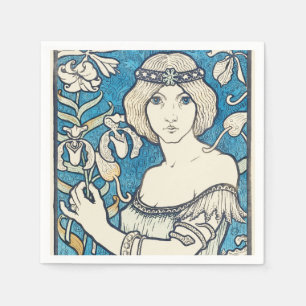 Vintage Art Nouveau Frau Blaues Blumenposter Druck Serviette