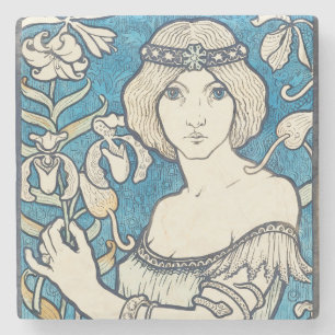 Vintage Art Nouveau Frau Blaues Blumenposter Druck Steinuntersetzer