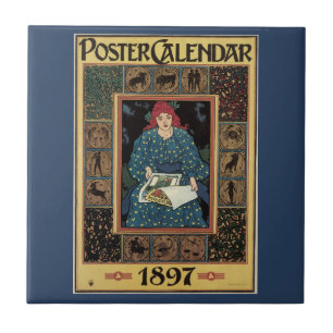 Vintage Art Nouveau, Frau liest Astrologie-Buch Fliese