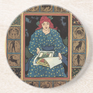 Vintage Art Nouveau, Frau liest Astrologie-Buch Sandstein Untersetzer