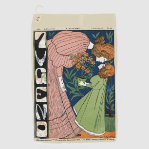 Vintage Art Nouveau Frau & Mädchen Grüne Kleidung Golfhandtuch