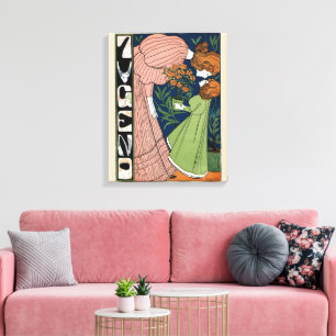 Vintage Art Nouveau Frau & Mädchen Grüne Kleidung Leinwanddruck
