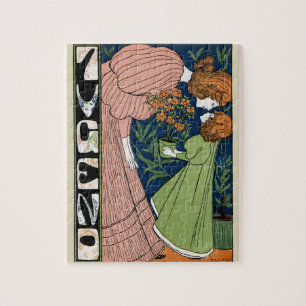 Vintage Art Nouveau Frau & Mädchen Grüne Kleidung Puzzle