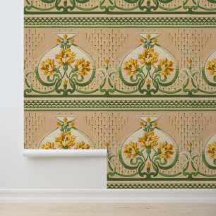 Vintage Art Nouveau Gelbe Blumensträuße Medaillon- Tapete