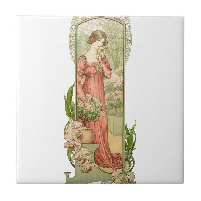 Vintage Art Nouveau Gewächshaus-Lady Elegant  Fliese (Vorderseite)