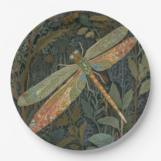 Vintage art nouveau green gold Dragonfly Pappteller (Vorderseite)