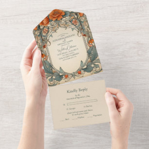 Vintage-Art-Nouveau-Hochzeit mit Blumen All In One Einladung