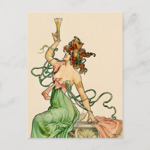 Vintage-Art-Nouveau-Illustration einer Champagner- Einladungspostkarte