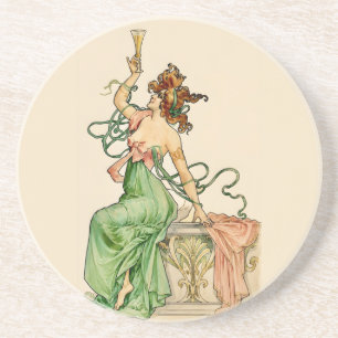 Vintage-Art-Nouveau-Illustration einer Champagner- Getränkeuntersetzer