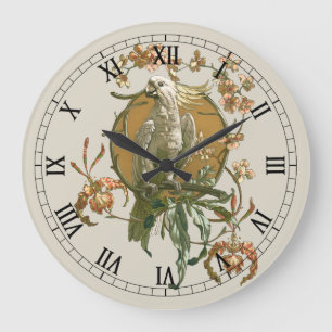 Vintage Art Nouveau, Kakadu-Vogel, Orchideenblüten Große Wanduhr