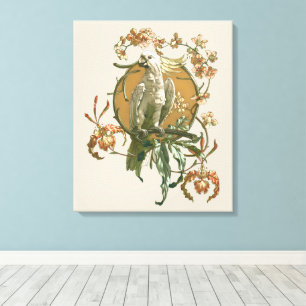 Vintage Art Nouveau, Kakadu-Vogel, Orchideenblüten Leinwanddruck