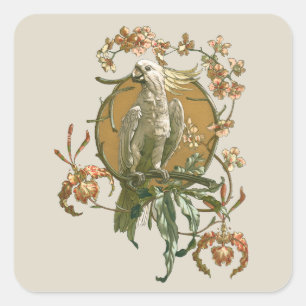 Vintage Art Nouveau, Kakadu-Vogel, Orchideenblüten Quadratischer Aufkleber