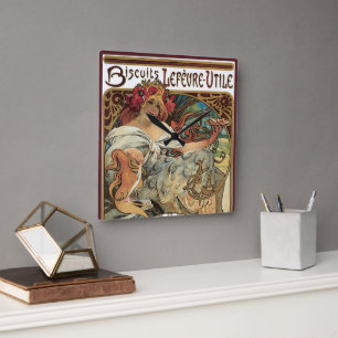 Vintage Art Nouveau, Kekse von Alphonse Mucha Quadratische Wanduhr