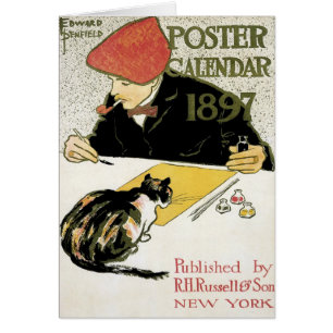 Vintage Art Nouveau, Künstler malt mit Haustierkat