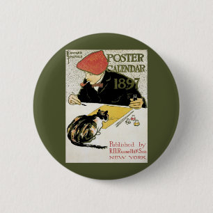 Vintage Art Nouveau, Künstler malt mit Haustierkat Button