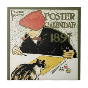 Vintage Art Nouveau, Künstler malt mit Haustierkat Fliese