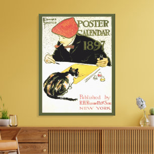 Vintage Art Nouveau, Künstler malt mit Haustierkat Leinwanddruck