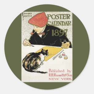 Vintage Art Nouveau, Künstler malt mit Haustierkat Runder Aufkleber