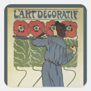 Vintage Art Nouveau, Künstler malt Mohnblumen Quadratischer Aufkleber