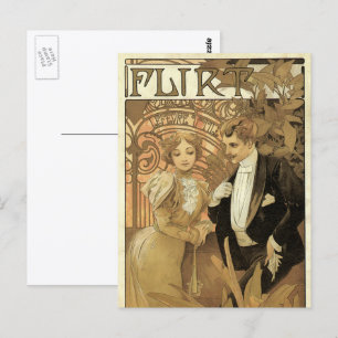Vintage Art Nouveau Liebe Romanze, Flirt von Mucha Postkarte