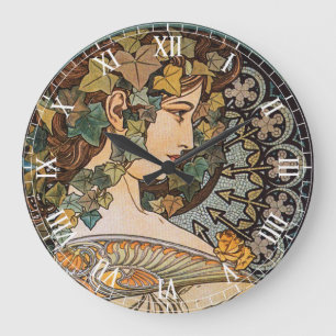 Vintage-Art-Nouveau-Mädchen von Alphonse Mucha Große Wanduhr