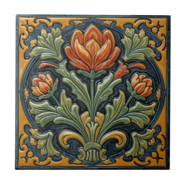 Vintage Art Nouveau  Majolica Floral Craftsman Fliese (Vorderseite)