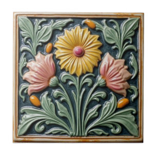 Vintage Art Nouveau Majolika Blumengewerbe Fliese