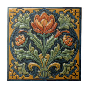 Vintage Art Nouveau Majolika Blumengewerbe Fliese