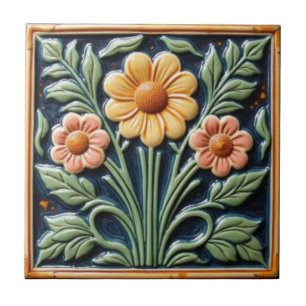Vintage Art Nouveau Majolika Blumengewerbe Fliese