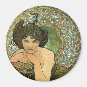 Vintage Art Nouveau Mucha Smaragd-Verführerin Grün Magnet