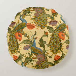 Vintage Art Nouveau Pfau Mohn Blumenmuster Rundes Kissen