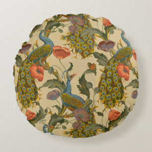 Vintage Art Nouveau Pfau Mohn Blumenmuster Rundes Kissen