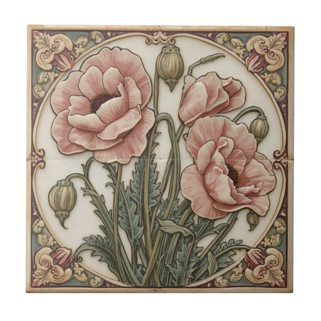Vintage Art Nouveau pink Poppies  Floral  Fliese (Vorderseite)