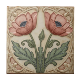 Vintage Art Nouveau pink Poppies Floral Fliese