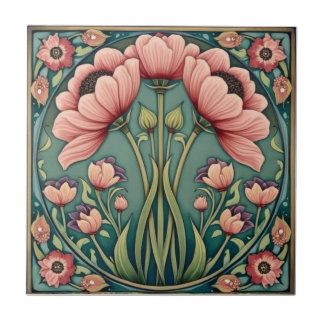 Vintage Art Nouveau pink Poppies Floral Fliese