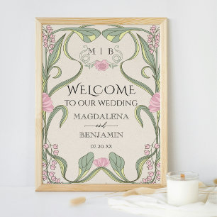Vintage Art Nouveau Rosé Pink Sage Blumen Willkomm Poster