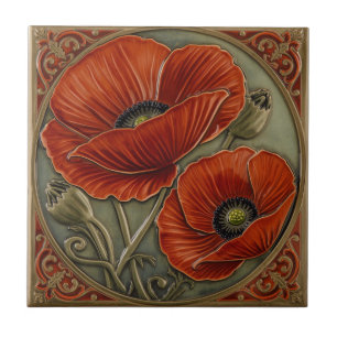 Vintage Art Nouveau Rote Mohnblumen Blumenmuster Fliese