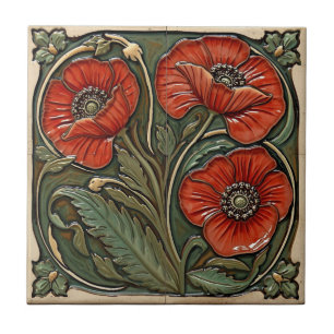 Vintage Art Nouveau Rote Mohnblumen Blumenmuster  Fliese