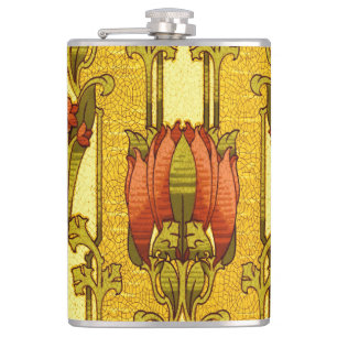 Vintage Art Nouveau rotes Tulpen-Blumenmuster Flachmann