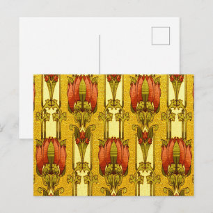 Vintage Art Nouveau rotes Tulpen-Blumenmuster Postkarte
