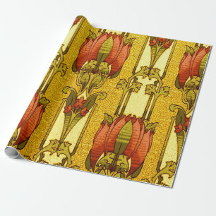 Vintage-Art-Nouveau-rotes-Tulpen-Blumenmuster-Wrap Geschenkpapier