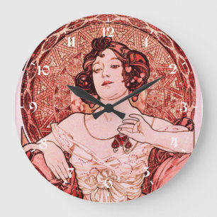 Vintage Art Nouveau Rubin von Alphonse Mucha Große Wanduhr