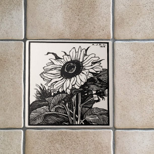 Vintage-Art-Nouveau-Sonnenblumen-Tuschezeichnung N Fliese