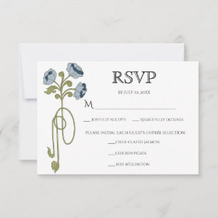 Vintage Art Nouveau Staubblau Navy Blumen Mahlzeit RSVP Karte
